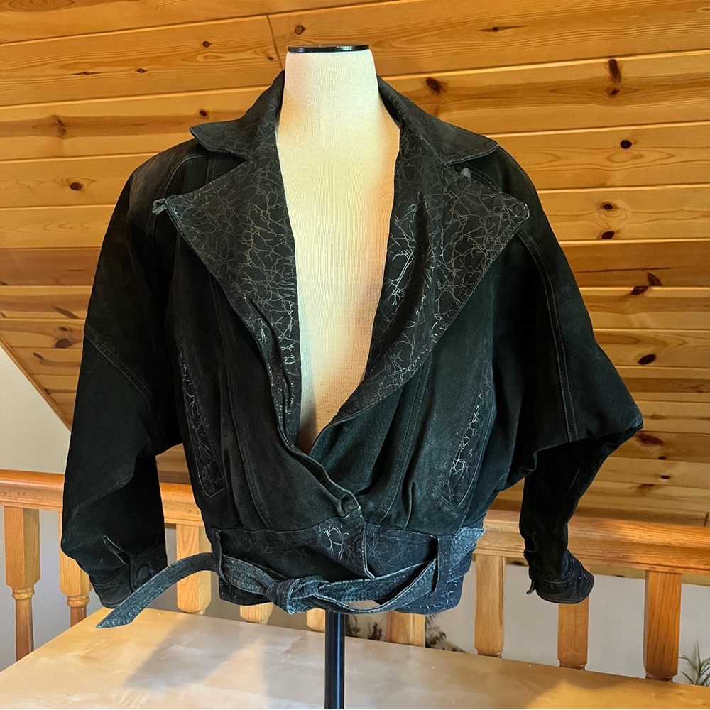 Vintage Byrnes & Baker Women's 80's Black Suede Belted Leather Jacket Size S